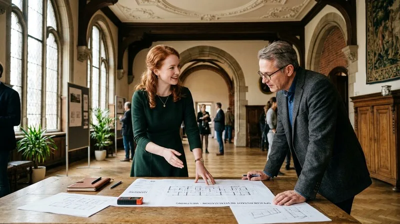 Architektin zeigt Bauplan für Finanzierungsgespräch mit Kunden am Tisch in Hamburg