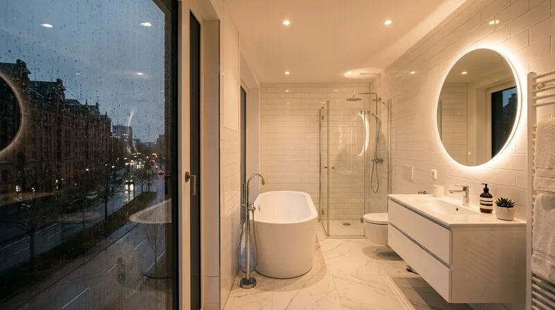 Renoviertes modernes weißes Badezimmer in Hamburg als Kapitalanlage-Aufwertung