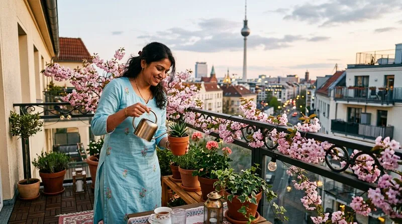 Balkon einer Kapitalanlage-Wohnung mit Stadtblick am Abend in Berlin-Mitte