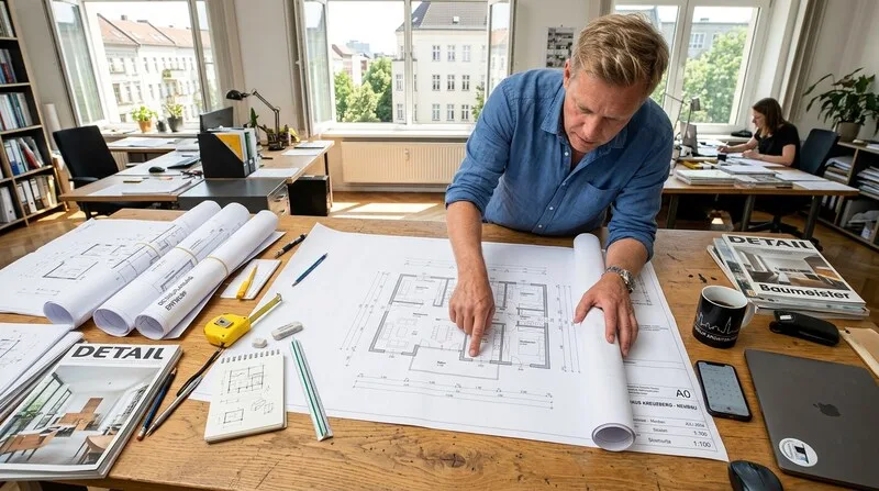 Baupläne ausgerollt auf Tisch im Architektenbüro für Neubau-Planung in Berlin