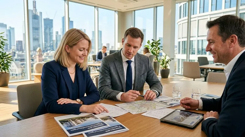 Paar lässt sich in Frankfurt zur Altersvorsorge beraten und macht Notizen