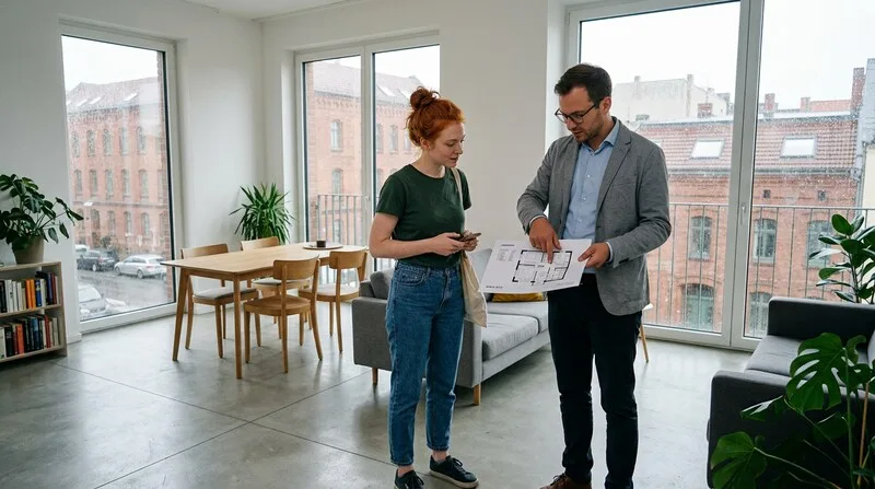 Investorin besichtigt Wohnung während Makler Details erklärt in Berlin