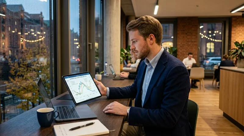 Investor bespricht Zinsentwicklung und Anschlussfinanzierung mit Bankberater in Hamburg