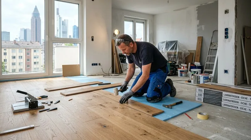Handwerker verlegt neuen Boden in sanierter Wohnung in Frankfurt als Kapitalanlage