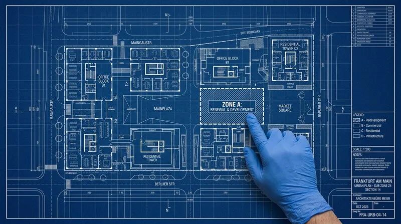 Hand zeigt auf Grundriss-Detail und Raumplanung für Kapitalanlage-Wohnung in Frankfurt