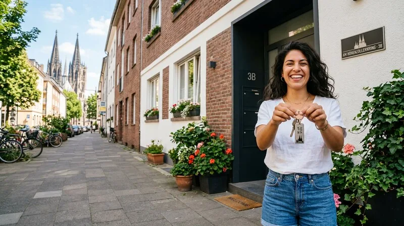 Glückliche Investorin hält Schlüssel zur ersten Kapitalanlage-Wohnung in Köln