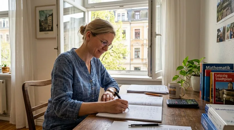 Investorin berechnet Nettomietrendite mit Stift und Papier für Wohnung in Leipzig