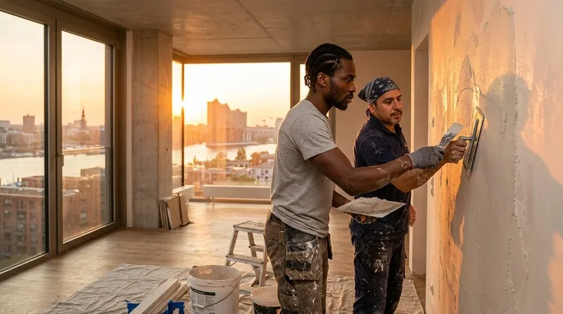 Zwei Handwerker verputzen Wände in einer Wohnung in Hamburg — Instandsetzungsarbeiten