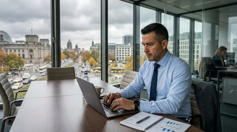 Berater erklärt Altersvorsorge-Strategie und Aktienrente am Laptop in Berlin