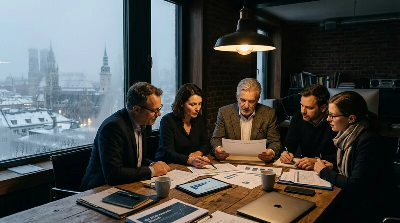 Team bespricht Altersvorsorge-Strategie mit Unterlagen in München