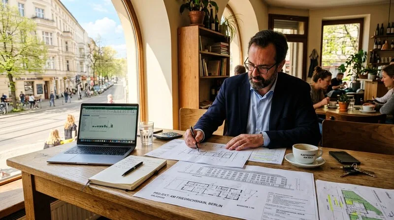 Investor analysiert mehrere Grundrisse und Objekte auf dem Schreibtisch in Berlin