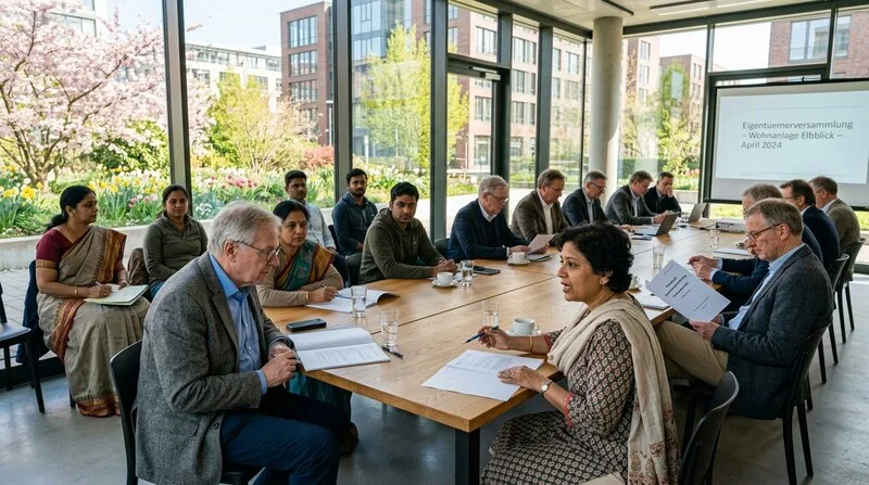 Investorin prüft Erbbaurechtsvertrag und Grundstücks-Akte aufmerksam in München