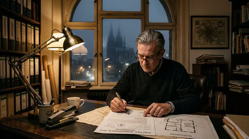 Vermieter liest Steuerbescheid und AfA-Unterlagen konzentriert in Köln