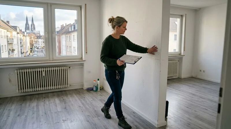 Makler öffnet Tür zur Mietwohnung für Käufer-Paar in München zur Besichtigung