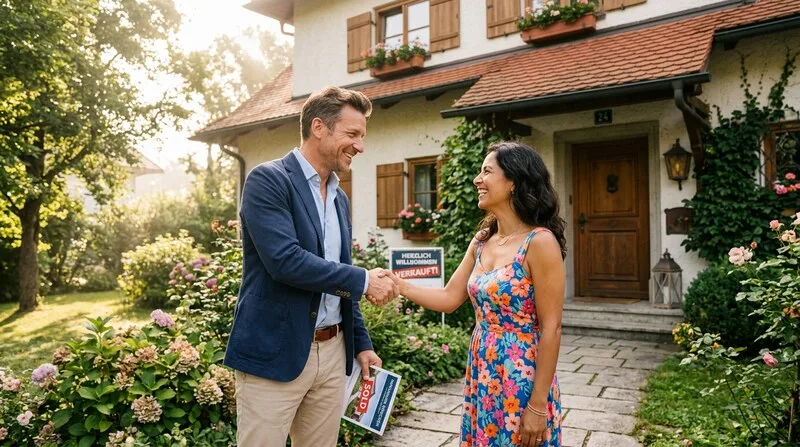 Makler und Käufer-Paar beim Handschlag nach erfolgreichem Immobilienkauf in München