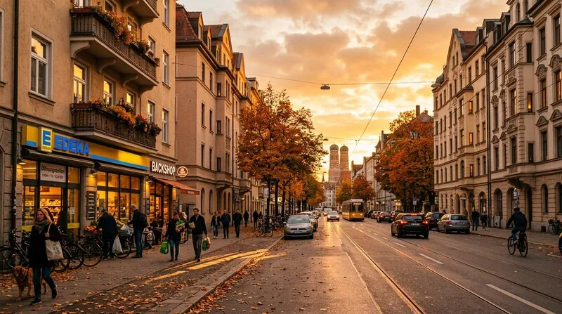 Makler erklärt Investoren-Paar ein Gebäude auf der Straße in München