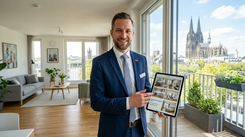 Makler zeigt Investor Wohnungsfotos auf iPad beim Kaufgespräch in Köln