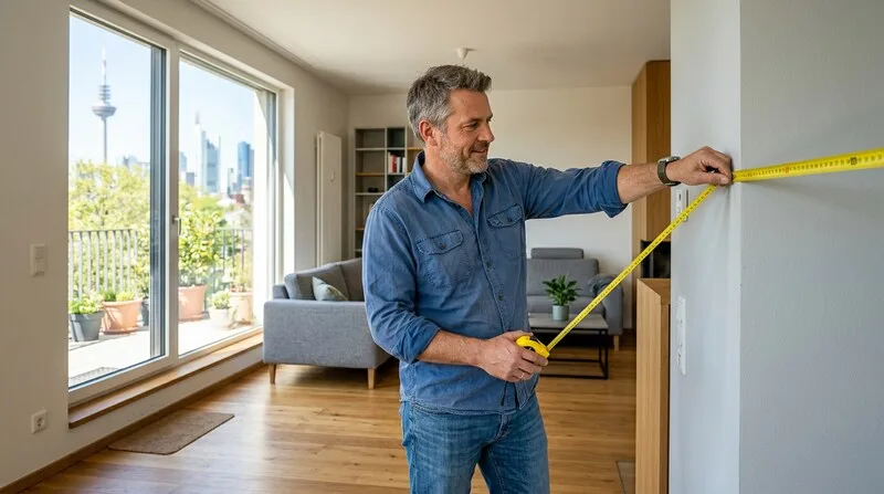 Investor misst Zimmergröße und Grundrisseffizienz einer Wohnung in Frankfurt