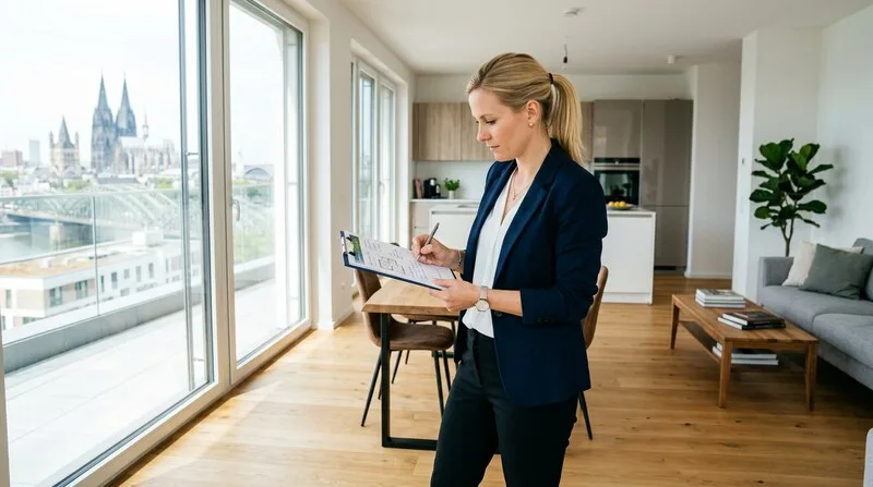 Investorin notiert Objektdaten bei Besichtigung auf Klemmbrett in Köln