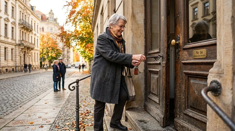 Investorin öffnet Tür zur Studentenwohnung bei der Erstbesichtigung in Dresden