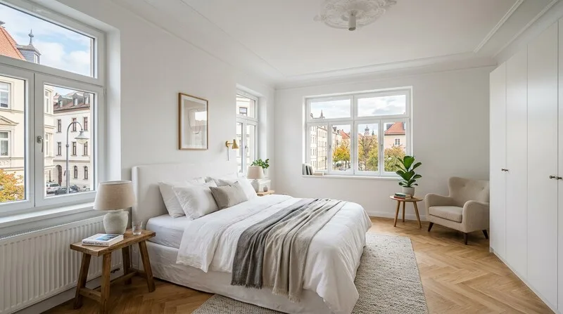 Renoviertes Schlafzimmer mit weißen Wänden und Parkettboden als Studentenzimmer in München