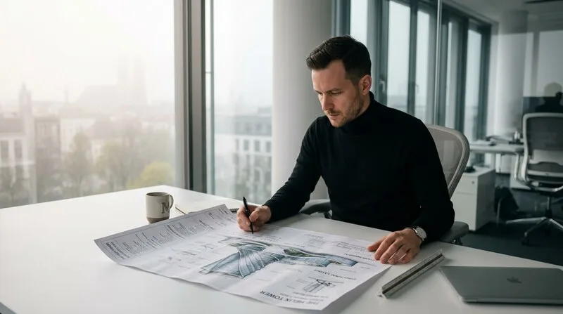 Investor studiert Grundriss und Objektunterlagen für Finanzierungsgespräch in München