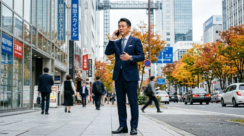 Erfahrener Investor verhandelt professionell per Telefon über eine Immobilie