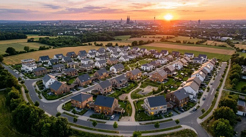 Wohnanlage mit mehreren Häusern aus der Luft als Kapitalanlage-Zielobjekt