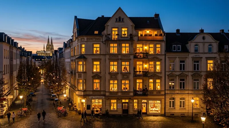 Mehrfamilienhaus mit beleuchteten Fenstern am Abend in Köln als Kapitalanlage-Portfolio
