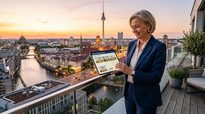 Investor zeigt Immobilien-Portfolio auf Tablet mit Stadtblick Berlin